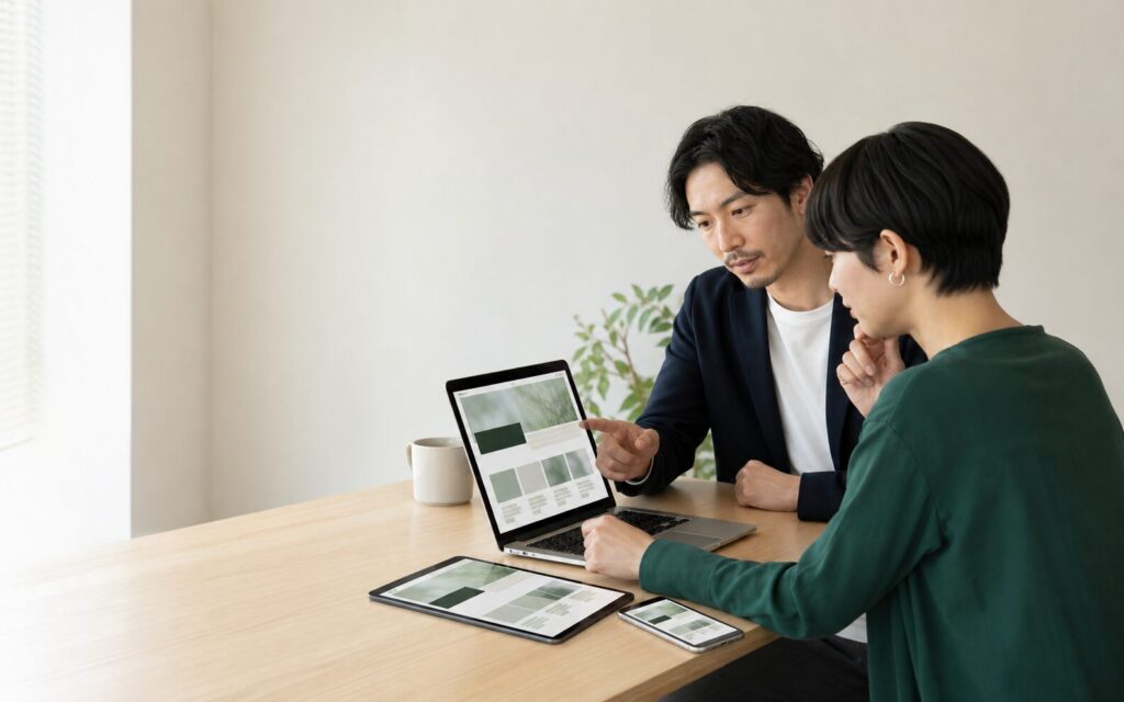 複数の端末で採用サイトの構成を確認する制作風景